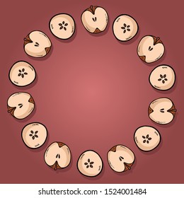 Cute cut in half apples natural drawn decorative wreath cute cozy banner. Autumn festive poster. Cartoon style ornament