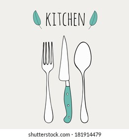  Cute cutlery. Doodle kitchen vector