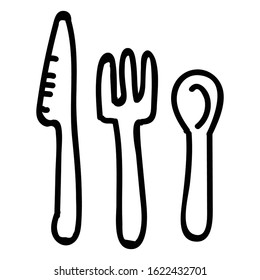 Cute cutlery fork knife and spoon clipart. Hand drawn meal utenstils for kitchen. Silverware monochrome lineart in flat color. Isolated dinner, lunch, breakfast tools. Vector EPS 10. 