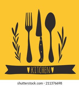 Cute cutlery. Hand drawn kitchen vector design. Doodle illustration  