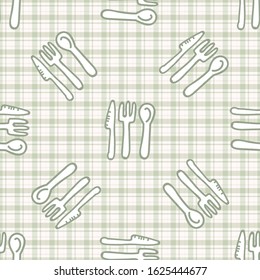 Cute cutlery knife, spoon and fork seamless vecotr pattern. Hand drawn green gingham domestic tableware background. Silverware kitchen utensil home decor. All over print. 