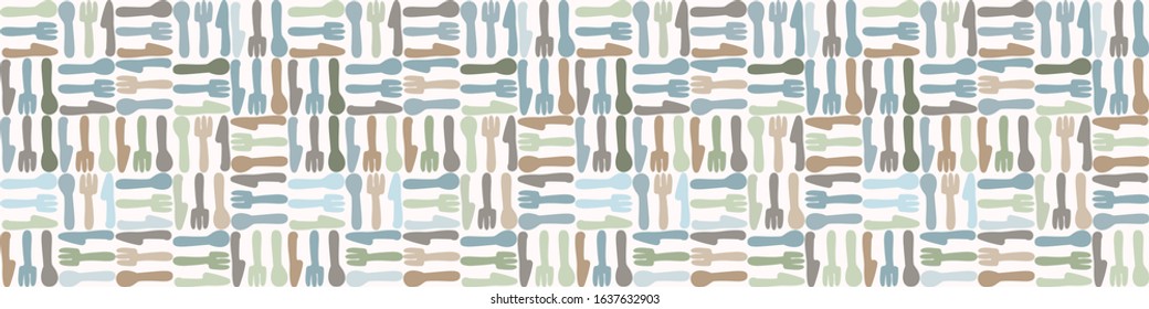 Cute cutlery knife, spoon and fork seamless vector border pattern. Hand drawn green mosaic domestic tableware background. Silverware kitchen utensil home deco ribbon trim. Pastel eco neutral  banner
