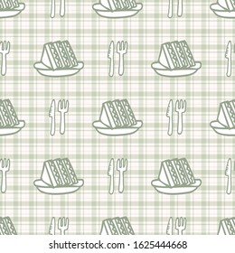 Cute cutlery and sandwich seamless vecotr pattern. Hand drawn green gingham domestic tableware background. Knife, spoon and fork kitchen utensil home decor. All over print. 