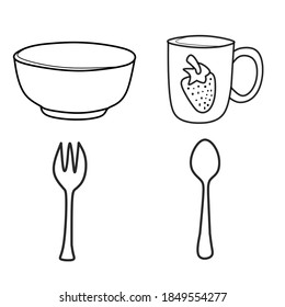 Cute cutlery vector illustration on cartoon coloring page. Coloring page bowls, glasses, spoons and forks.