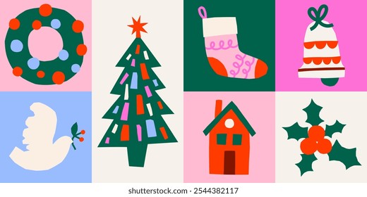 Cute cutout style Christmas banner. Hand drawn simple retro holidays vector illustration set with house, socks, wreath, tree, bell, dove, holly