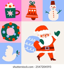 Cute cutout style Christmas banner. Hand drawn simple retro holidays vector illustration set with Santa Claus, snowman, wreath, dove, bell, coffee