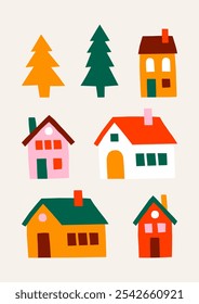 Cute cutout style Christmas card vector template. Hand drawn abstract holidays illustration print with winter houses