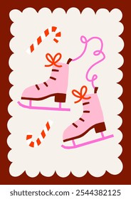 Cute cutout style Christmas card vector template. Hand drawn retro holidays illustration print with ice skate