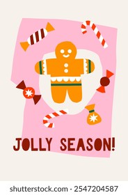 Cute cutout style Christmas card vector template. Hand drawn simple retro holidays illustration print. Gingerbread man, jolly season