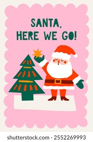 Cute cutout style Christmas card vector template. Hand drawn abstract holidays illustration print with Santa Claus decorating Christmas tree