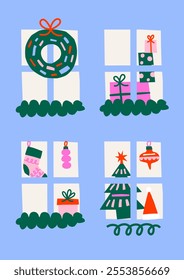 Cute cutout style Christmas card vector template. Hand drawn abstract holidays illustration print with winter house windows