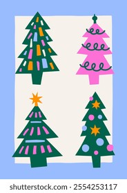 Cute cutout style Christmas card vector template. Hand drawn abstract holidays illustration print with Christmas trees