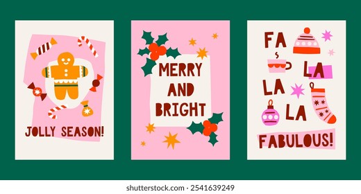 Cute cutout style Christmas cards vector templates. Hand drawn simple retro holidays illustration prints set. Merry and bright, jolly season