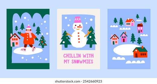 Cute cutout style Christmas cards vector templates. Hand drawn simple retro holidays illustration prints set with ice skating girl, snowman, village houses