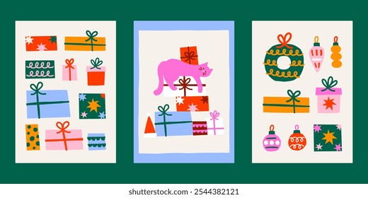 Plantillas de Vector lindas de las tarjetas de la Navidad del estilo del recorte. Impresiones de ilustración de vacaciones retro simples dibujadas a mano con regalos de Navidad, corona, adornos, gato