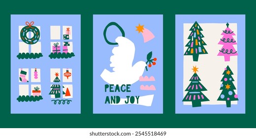 Plantillas de Vector lindas de las tarjetas de la Navidad del estilo del recorte. Impresiones de ilustración de vacaciones retro simples dibujadas a mano con árboles de Navidad, paloma, ventanas