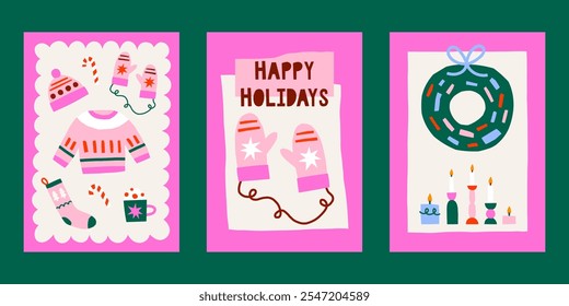 Cute cutout style Christmas cards vector templates. Hand drawn simple retro holidays illustration prints set with winter clothes, mittens, Christmas wreath, candles