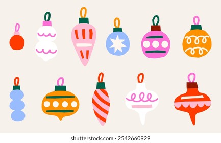 Cute cutout style Christmas ornaments vector illustration set. Hand drawn simple retro Christmas tree decor graphic elements
