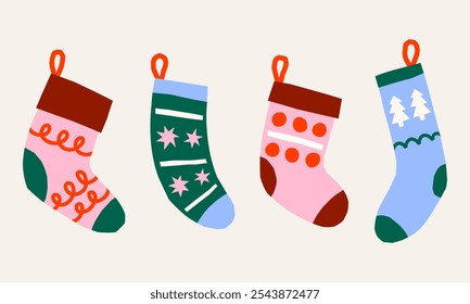 Conjunto de Ilustración vectorial de calcetines de Navidades de estilo de recorte lindo. Elementos gráficos de medias de vacaciones retro simples dibujados a mano