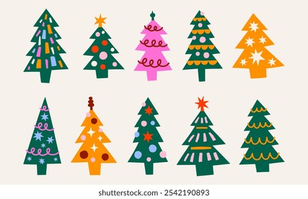 Lindo conjunto de Ilustración vectorial de árboles de Navidad estilo recorte. Elementos gráficos de árbol de vacaciones retro simples dibujados a mano