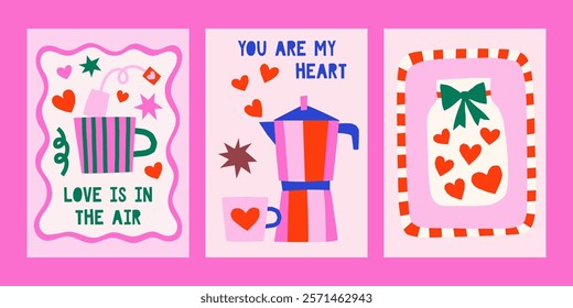 Cute cutout style Valentine's Day vector cards. Hand drawn simple illustrations set with coffee pot, tea mug, jar with hearts