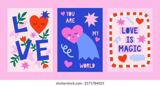 Cute cutout style Valentine's Day vector cards. Hand drawn simple illustrations set with comet, hearts, love lettering, abstract shapes