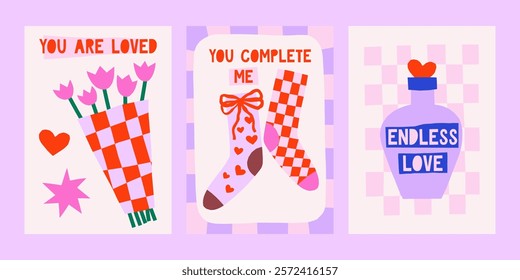 Cute cutout style Valentine's Day vector cards. Hand drawn simple illustrations set with flower bouquet, funny socks, love potion bottle