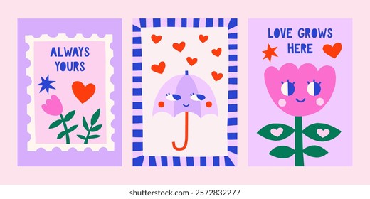 Cute cutout style Valentine's Day vector cards. Hand drawn simple groovy illustrations set with umbrella and flower characters, hearts, stars, postage stamp