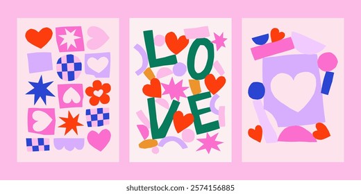 Cute cutout style Valentine's Day vector cards. Hand drawn simple collage illustrations set with paper cut abstract shapes, hearts and stars