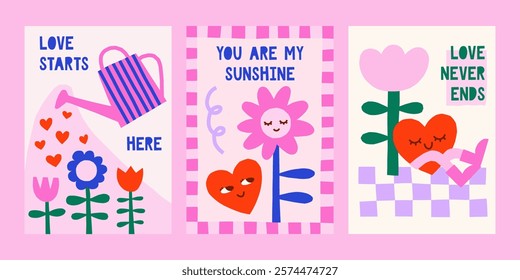 Cute cutout style Valentine's Day vector cards. Hand drawn simple groovy illustrations set with hearts and flowers character, gardening