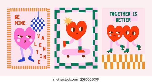 Cute cutout style Valentine's Day vector cards. Hand drawn simple groovy illustrations set with playful frames, heart character on skateboard, rollers, disco