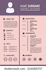 Cute CV Resume Template. Feminine Color Background. Modern Design. Editable Vector. A4 Paper Size. Suitable for Joab Application