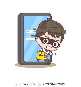 Cute cyber criminals hack and steal account information cartoon character. Robber concept design isolated background. Adorable chibi vector art illustration.