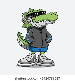 Cute cyborg crocodile mascot vector the Concept of Isolated Technology. Flat Cartoon Style Suitable for Landing Web Pages,T shirt, Flyers, Stickers
