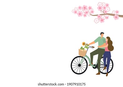 Cute couple’s cycling in Valentine’s Day with Sakura branch. Valentine’s Day flat card design.