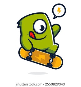 Cute cyclops monster playing skateboard isolated on white background