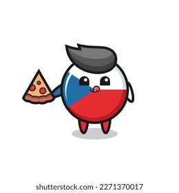 cute czech republic flag badge cartoon eating pizza , cute style design for t shirt, sticker, logo element
