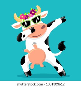 Cute dabbing cow in sunglass and flowers wreath. Symbol of Chinese New Year 2021