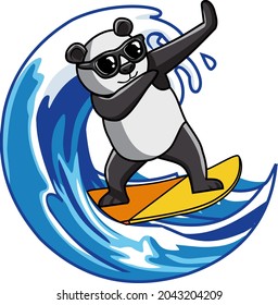  cute dabbing panda on a skateboard with a wave in the background 