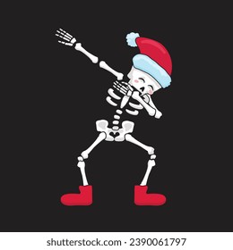 Cute dabbing skeleton in a Santa Claus clothes. Cartoon Christmas character. Greeting card vector Illustration. Concept of scary Christmas. Happy New Year party.