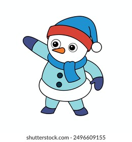 Cute Dabbing Snowman in Winter Clothes Vector Illustration - Cartoon Clipart and Line Art Design