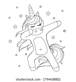 Cute dabbing unicorn. Black and white vector illustration for coloring book