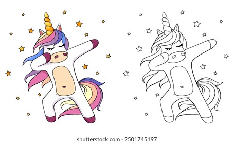 Cute dabbing unicorn. Black and white vector illustration for coloring book with example in color