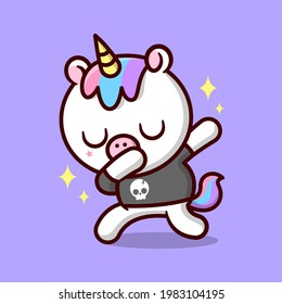 CUTE DABBING UNICORN WITH COLORFUL HAIR AND WEARING BLACK TEE CARTOON ILLSUTRATION.