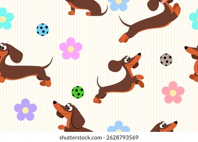 Cute dachshund with balls and flowers seamless pattern for fabric background decoration 