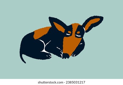 Cute dachshund, bajset, perro de juguete terrier. Dormitorio de perrito rojo oscuro decorativo. Gracioso cachorro de ratero con abrigo bicolor, piel. Animal doméstico estilizado, mascota. Ilustración vectorial aislada plana.