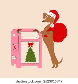 Cute dachshund cartoon dog with santa hat and bag of gifts. Merry Christmas