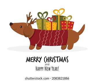 A cute dachshund dog carries gifts for Christmas and New Year. Christmas greeting card concept. Vector flat illustration.