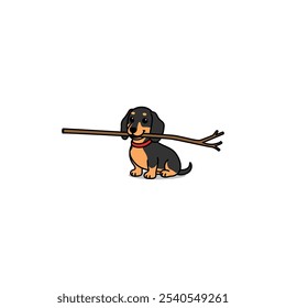 Cute dachshund dog carrying long sticks cartoon, vector illustration