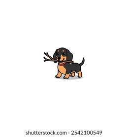 Cute dachshund dog carrying stick cartoon, vector illustration